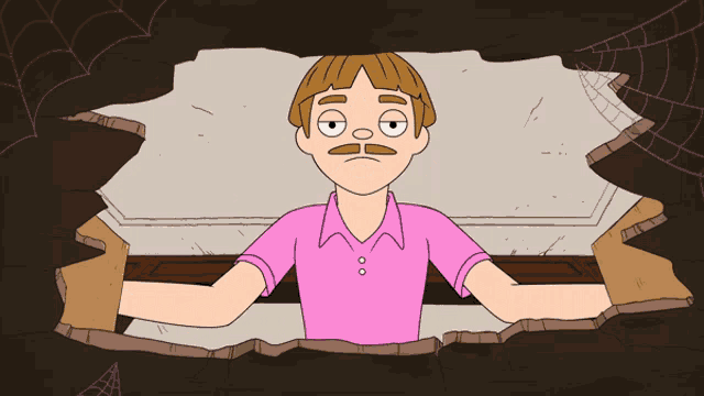 a cartoon of a man with a mustache looking out of a hole