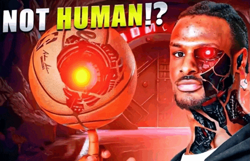 a man with a robotic face is holding a basketball in front of a door that says not human
