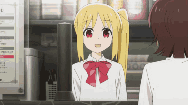 a girl with blonde hair and a red bow tie stands in front of a menu