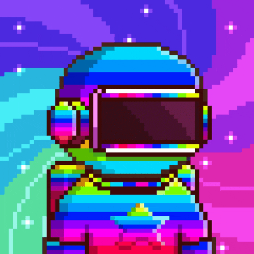a pixel art of an astronaut with a rainbow helmet on