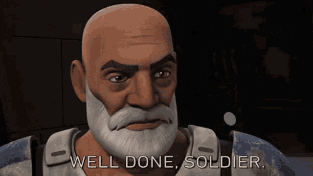 a cartoon character says well done soldier