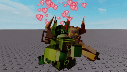 a green robot with horns and hearts coming out of his head