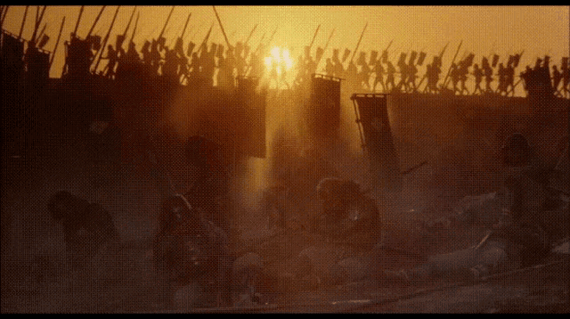 a painting of a battle scene with soldiers holding spears and flags