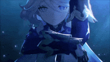 a girl with white hair and blue eyes is holding a sword in her hands