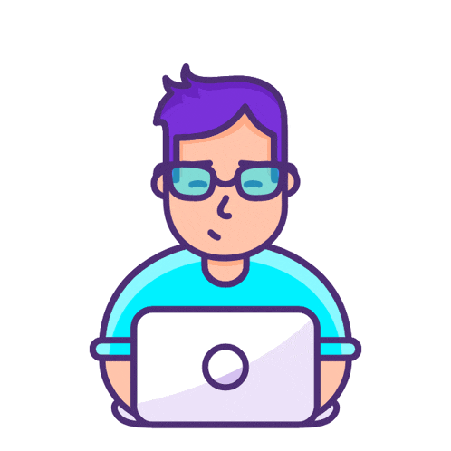 an icon of a man wearing glasses using a laptop computer