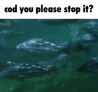 a group of fish are swimming in the water with the words cod you please stop it below them