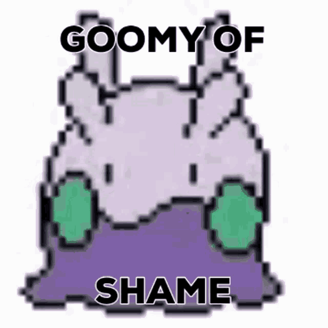 a pixel art of a purple and white rabbit with the words goomy of shame written on it .