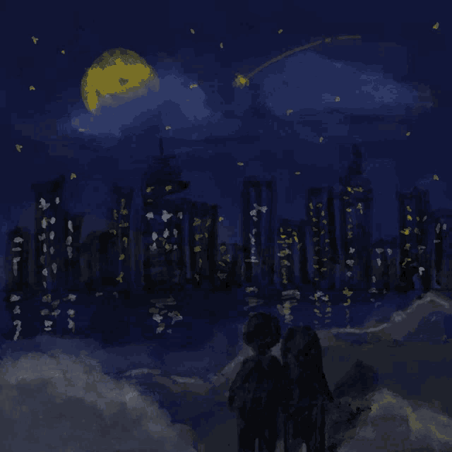 a painting of a city at night with a full moon