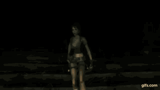 a video game character is standing on a set of stairs in a dark room .
