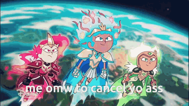 three cartoon characters are standing next to each other with the words " me omw to cancer yo ass " on the bottom