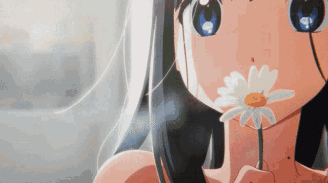 a girl with long black hair is holding a flower in her hand
