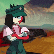 a cartoon character is standing with her arms crossed
