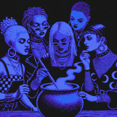 a group of women are gathered around a cauldron with smoke coming out of it .