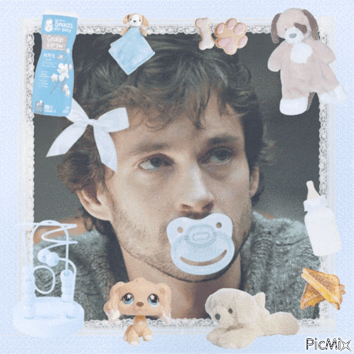 a man with a pacifier in his mouth is surrounded by stuffed animals