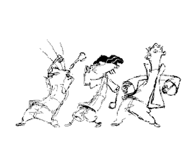 a black and white drawing of a group of people dancing .