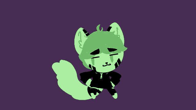 a cartoon drawing of a green cat wearing a black sweater