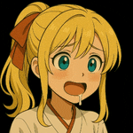 a cartoon girl with blonde hair and green eyes is making a funny face .