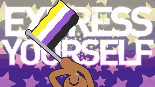 a cartoon of a person holding a flag with the words express yourself in the background