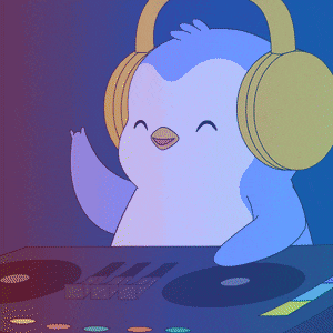 a penguin is wearing headphones and playing music