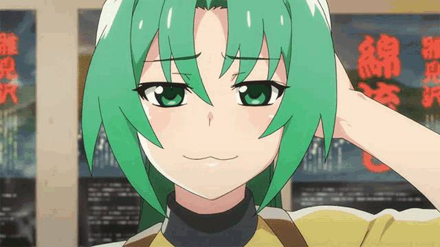 a close up of a green haired anime character with chinese writing on the wall behind her