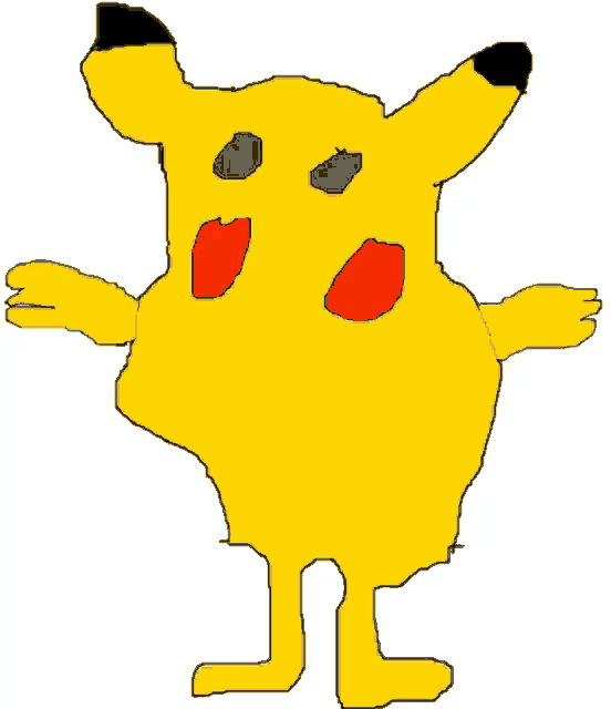 a drawing of a yellow pikachu with black eyes and red lips