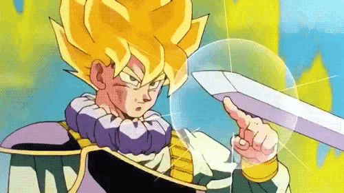 a close up of a cartoon character holding a sword and pointing at it .