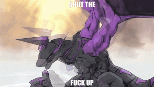 a picture of a purple dragon with the words shut the fuck up below it