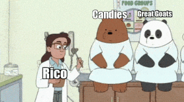 a cartoon of a doctor talking to two bears with the words candies and great goats above them