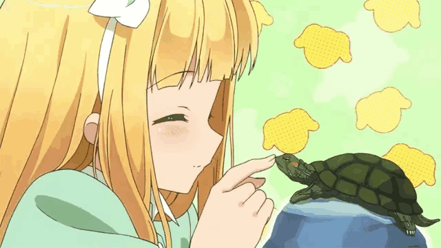 a blonde anime girl is touching a turtle 's face