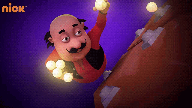 a man with a mustache is holding a light bulb in his hand and a nick logo behind him