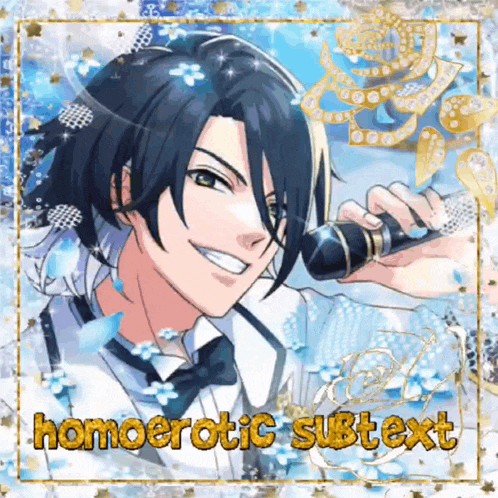 a picture of a man holding a microphone with the words homoerotic subtext written above him