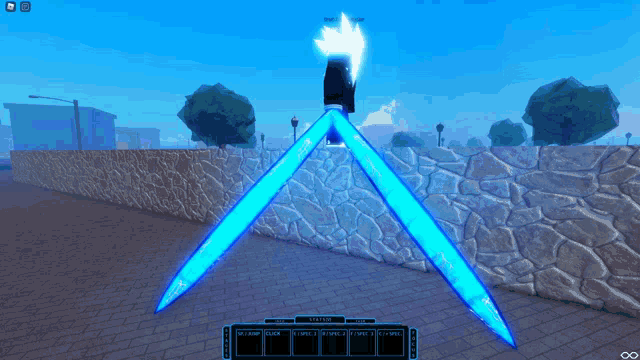 a screenshot of a video game shows a person holding a pair of blue swords