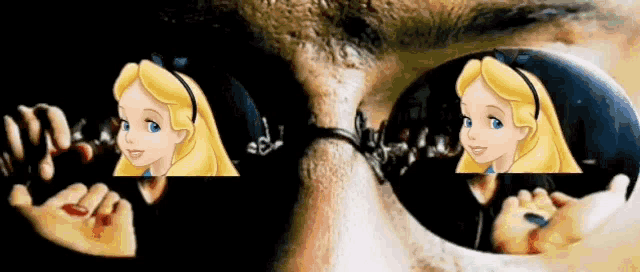 a close up of a person 's eye with a picture of alice in the background