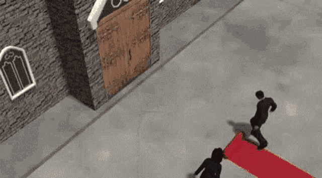 a man is standing on a red carpet in front of a church .