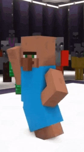 a minecraft villager in a blue dress is dancing in a room with other minecraft characters .