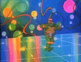 a pixelated image of a teenage mutant ninja turtle with a rainbow colored background