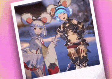 a picture of two anime characters with a pink background