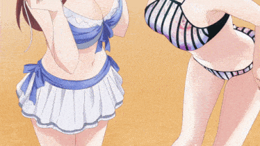 two anime girls are standing next to each other wearing bikinis