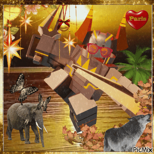a picture of an elephant a wolf and a robot with a heart that says paris on it