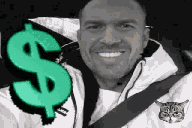 a man in a white jacket is smiling in front of a green dollar sign