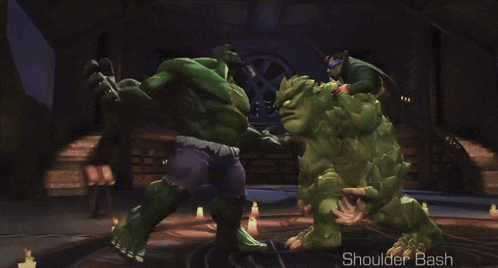 a video game screen shows a hulk fighting another monster