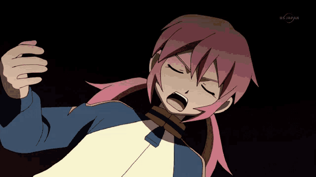 a girl with pink hair is screaming in front of a tv screen that says ' bs japan ' on it