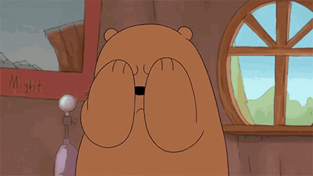 a cartoon bear is sitting in front of a window with a sign that says might