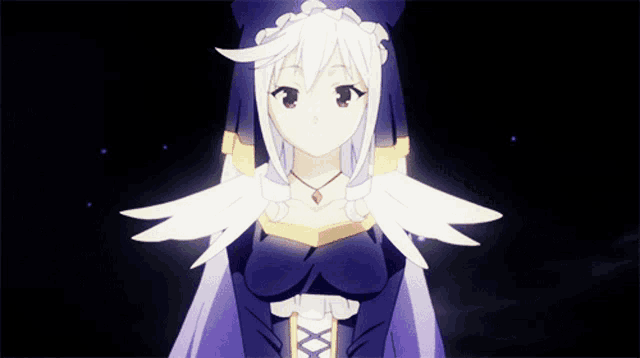 a girl with white hair is wearing a purple and yellow dress