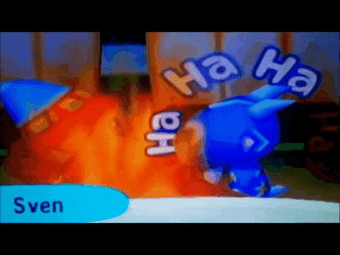 a video game screen shows a character named sven laughing with the words ha ha behind him