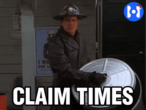 a man in a fireman 's hat is holding a trash can with the words " claim times " below him
