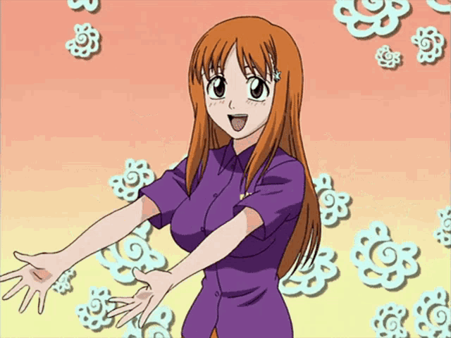 a girl in a purple shirt has her arms outstretched in front of flowers