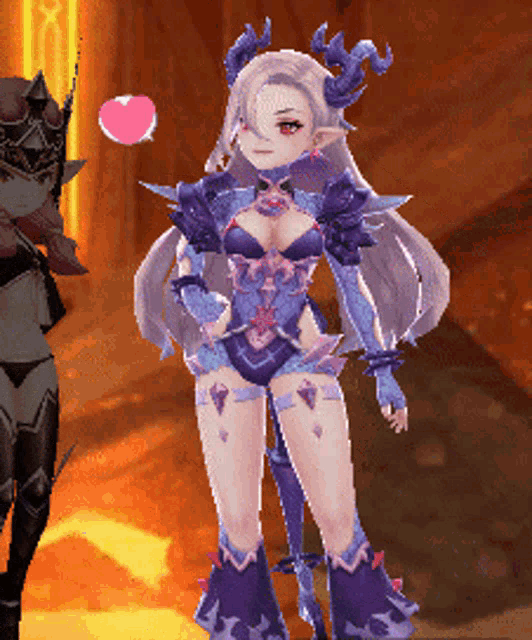 a video game character with horns and a pink heart on her chest