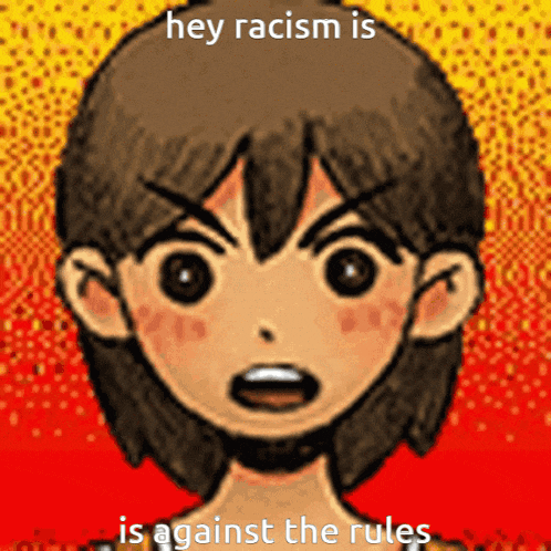 a cartoon of a boy with the words hey racism is is against the rules below him