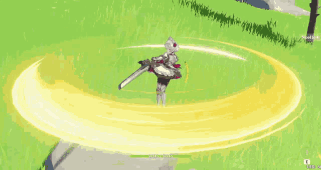 a video game character is holding a sword in a grassy area